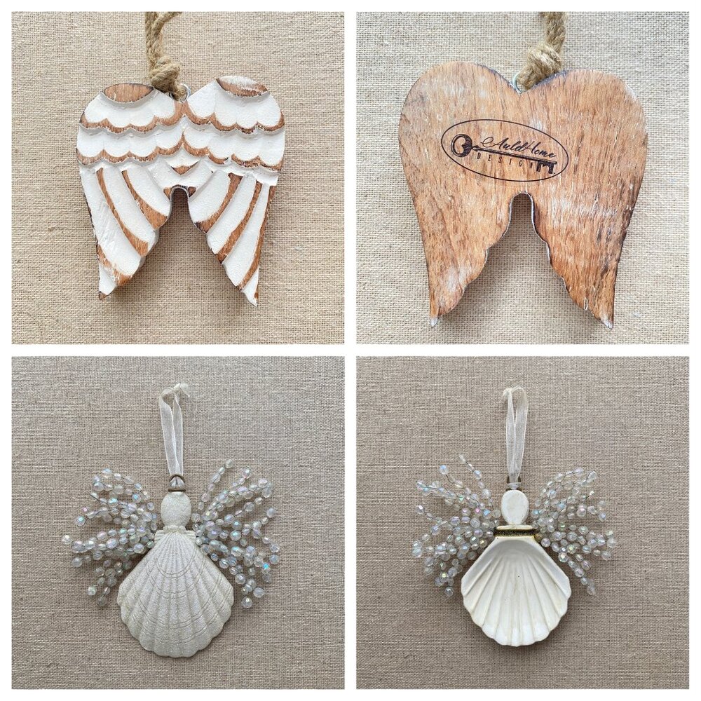 2 for $20 Angel Ornaments – 1 Carved Wood + 1 Sparkly Shell with Beaded Wings - Picture 1 of 14